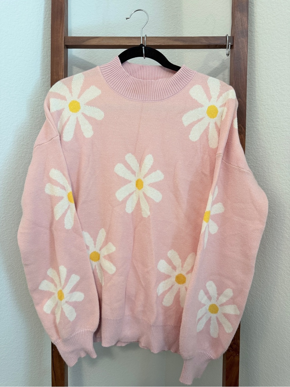 zeagoo Pink Daisy Crewneck Sweater with Yellow Centers